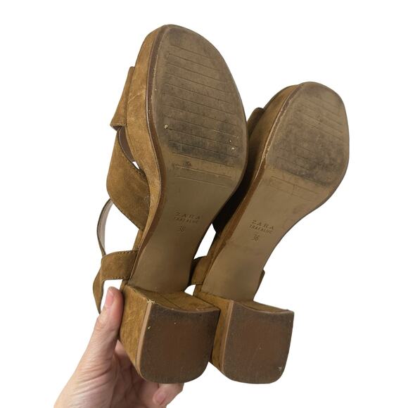 Zara brown suede platform block heel sandals size 36 - Picture 9 of 13